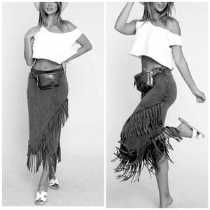 T Party Fringe Boho Western Rodeo Stone Washed Long Skirt Sz XL